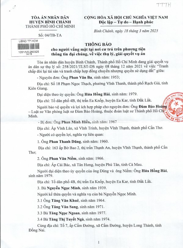 Thông báo cho người vắng mặt tại nơi cư trú về việc thụ lý, giải quyết vụ án tranh chấp tài sản